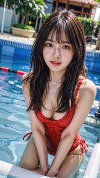 Swimming Pool Fun in Red Swimsuit 赤い水着のプール遊び 빨간 수영복을 입고 즐기는 수영장 놀이 | 4K AI Girl Lookbook 2